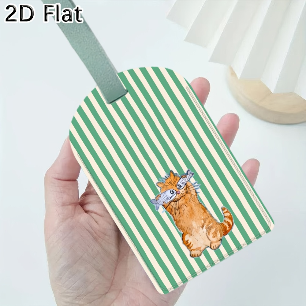 Luggage Tag Leather - 귀여운 고양이와 녹색 줄무늬 수하물 태그
